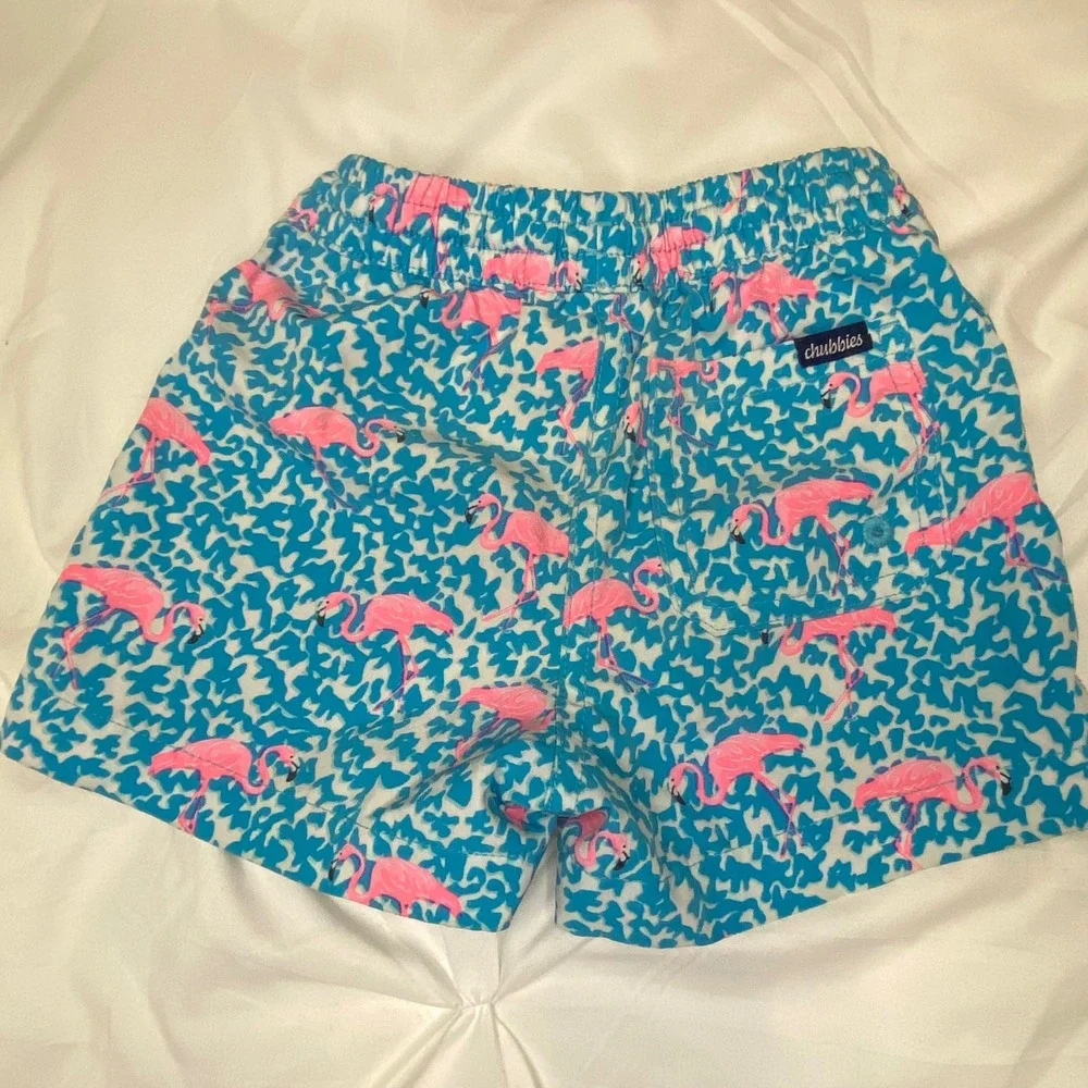 Chubbies Kids Flamingo Print Swim Trunks Blue Pink 2T Boys Swimwear Shorts